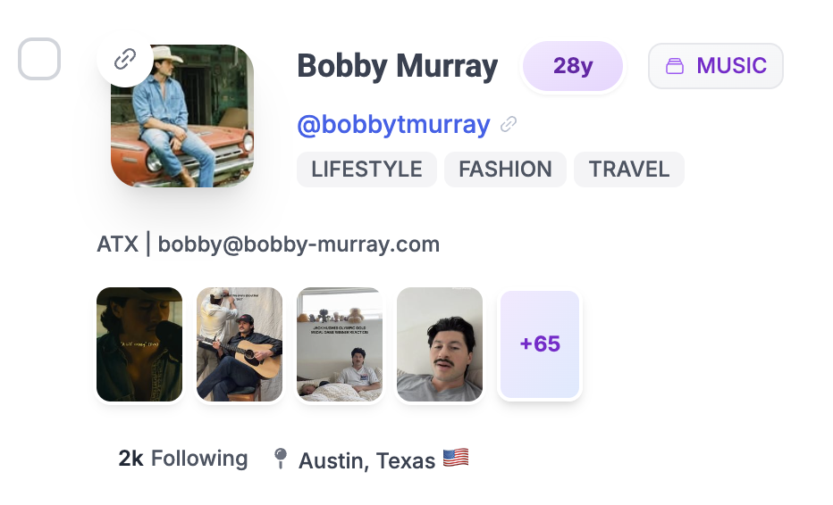 Bobby Murray — music and lifestyle creator profile on Social Cat